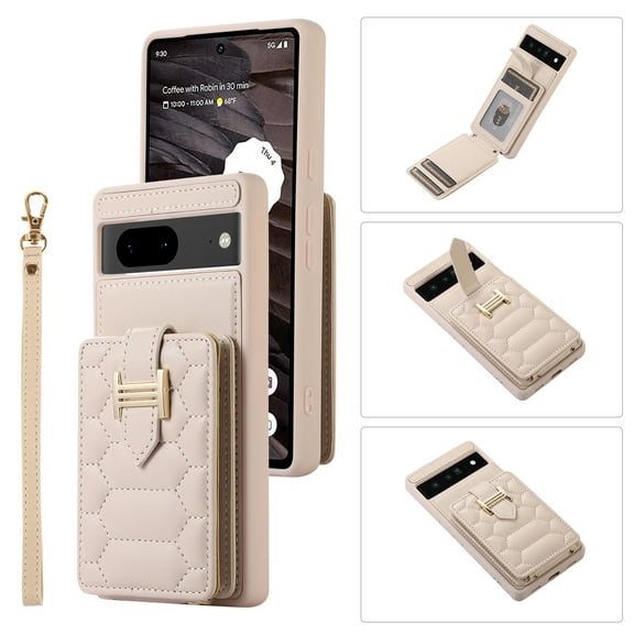 Nalacover for Google Pixel 7 Ring Holder Crossbody Wallet Case with Credit Card Slots, Lanyard Shoulder Strap Premium PU Leather Wrist Hand Strap Cover with Kickstand,Beige