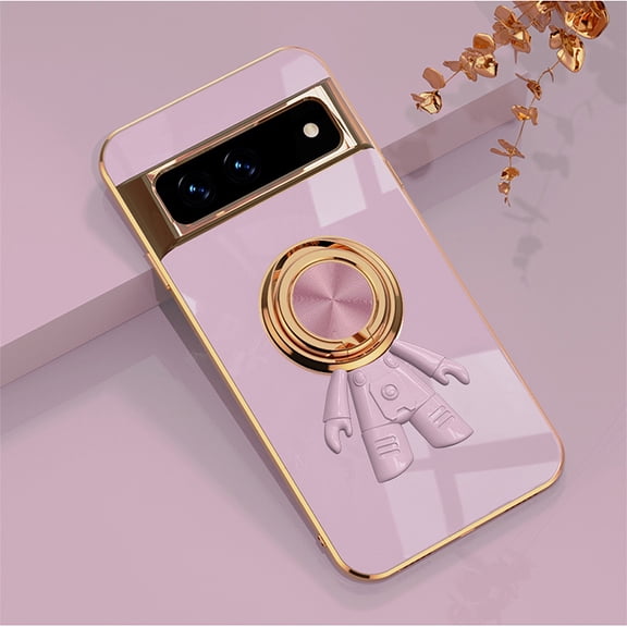 Nalacover for Google Pixel 7 Slim Case,Cute Cartoon 6D Plating Astronaut Hidden Magnetic Ring Kickstand Soft TPU Shockproof Corner Protection Drop Proof Edge Bumper Cover.Purple