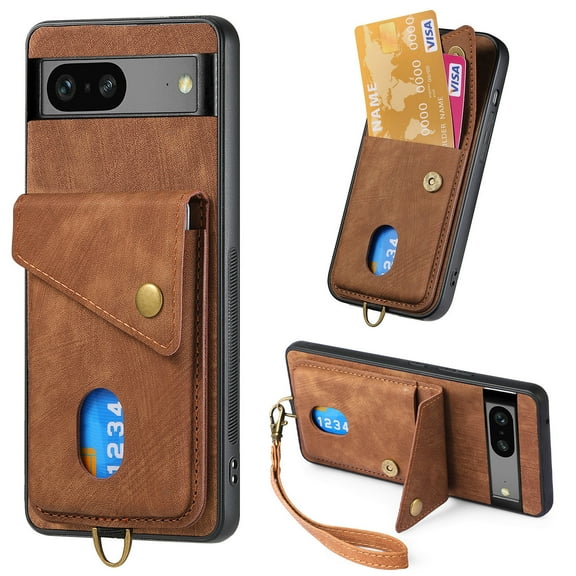 Nalacover for Google Pixel 7, Slim Case Wallet with Credit Card Holder, Back Flip Premium Leather Magnetic Clasp Kickstand Wirst Hand Strap Shockproof Cover for Google Pixel 7, Brown