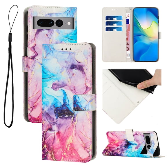 Nalacover for Google Pixel 8 Pro Marble Pattern Wallet Case with Credit Card Slots Holder Kickstand Cover, Soft Silicone Shokcproof Anti-Fall Premium PU Leather Magnetic Clasp Flip Case, Pink