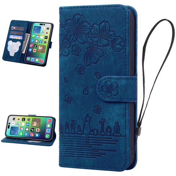 Nalacover for Google Pixel 8 Wallet Case, Flower Cat Embossed Pattern Magnetic Premium PU Leather Soft Silicone Shockproof Cover with Card Slots Holder Kickstand Flip Folio Case,Blue