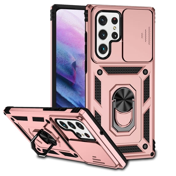 Nalacover Heavy Duty Armor Case for Samsung Galaxy S22 Ultra, Rugged PC Soft TPU Military Grade Shockproof Metal Magnetic Car Mount Cover with Camera Lens Sliding Ring Holder Bracket Case,Rosegold
