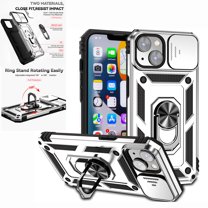 Nalacover Heavy Duty Armor Case for iPhone 14 Plus, Rugged PC Soft TPU Military Grade Shockproof Metal Magnetic Plate Shockproof Cover with Camera Lens Sliding Ring Holder Kickstand Case,Silver