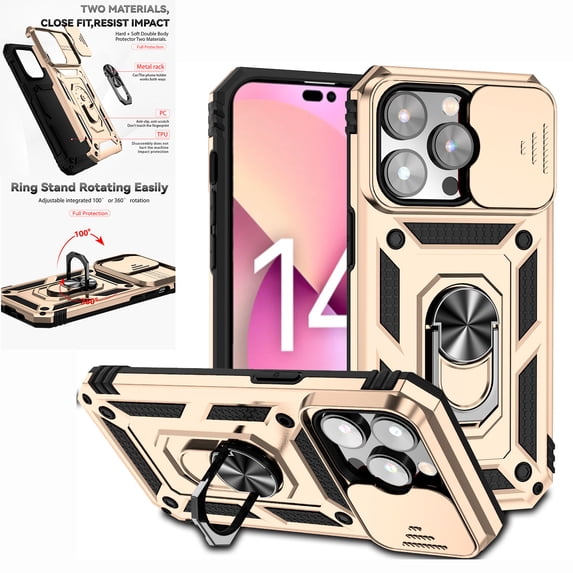Nalacover Heavy Duty Armor Case for iPhone 14 Pro Max, Rugged PC Soft TPU Military Grade Shockproof Metal Magnetic Plate Shockproof Cover with Camera Lens Sliding Ring Holder Kickstand Case,Gold