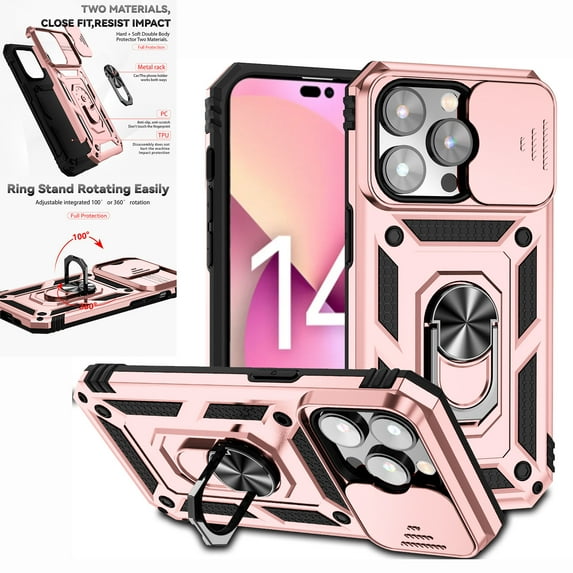 Nalacover Heavy Duty Armor Case for iPhone 14 Pro Max, Rugged PC Soft TPU Military Grade Shockproof Metal Magnetic Plate Shockproof Cover with Camera Lens Sliding Ring Holder Kickstand Case,Rosegold