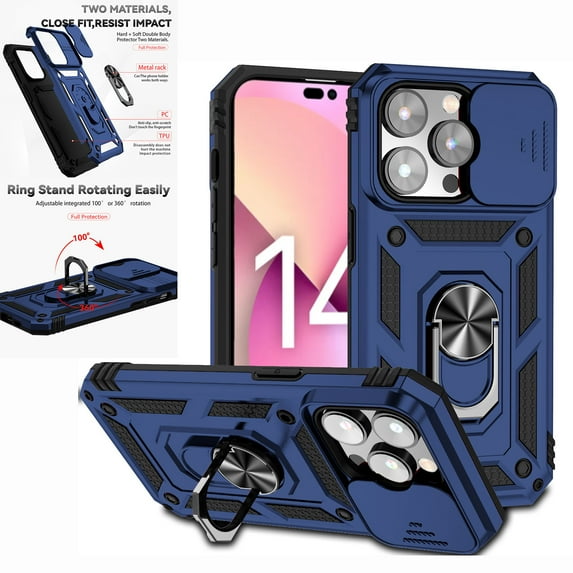 Nalacover Heavy Duty Armor Case for iPhone 14 Pro Max, Rugged PC Soft TPU Military Grade Shockproof Metal Magnetic Plate Shockproof Cover with Camera Lens Sliding Ring Holder Kickstand Case,Blue