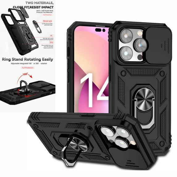 Nalacover Heavy Duty Armor Case for iPhone 14 Pro Max, Rugged PC Soft TPU Military Grade Shockproof Metal Magnetic Plate Shockproof Cover with Camera Lens Sliding Ring Holder Kickstand Case,Black