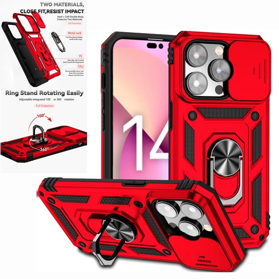 Nalacover Heavy Duty Armor Case for iPhone 14 Pro, Rugged PC Soft TPU Military Grade Shockproof Metal Magnetic Plate Shockproof Cover with Camera Lens Sliding Ring Holder Kickstand Case,Red