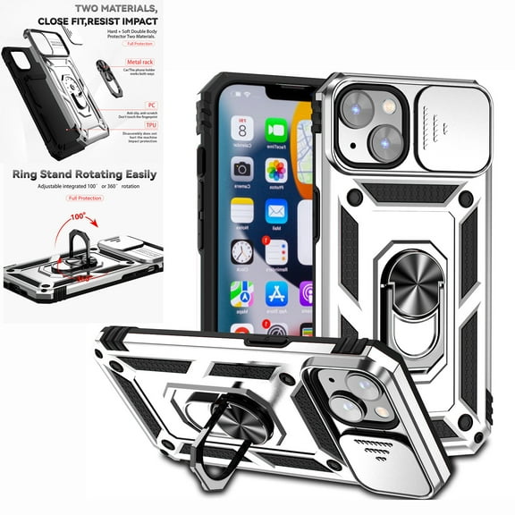 Nalacover Heavy Duty Armor Case for iPhone 14, Rugged PC Soft TPU Military Grade Shockproof Metal Magnetic Plate Shockproof Cover with Camera Lens Sliding Ring Holder Kickstand Case,Silver
