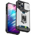 thumbnail image 1 of Nalacover Heavy Duty Card Slot Phone Case for iPhone 15 Pro - Sliding Camera Lens Protection Cover, Hybrid Rugged PC + Silicone Shockproof Case with Magnetic Ring Holder Kickstand, Silver, 1 of 7