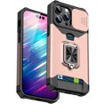 thumbnail image 1 of Nalacover Heavy Duty Card Slot Phone Case for iPhone 15 Pro - Sliding Camera Lens Protection Cover, Hybrid Rugged PC + Silicone Shockproof Case with Magnetic Ring Holder Kickstand, Rosegold, 1 of 7