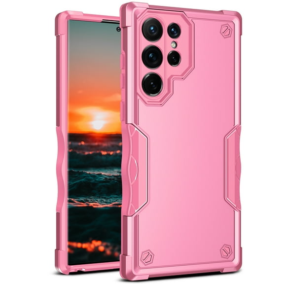 Nalacover Heavy Duty Case for Samsung Galaxy S22 Ultra, Rugged Military Grade Dual-Layers Soft Silicone Shockproof Anti-Scratches Cover with Anti-Slip Strips Screen Lens Protection Case,Pink