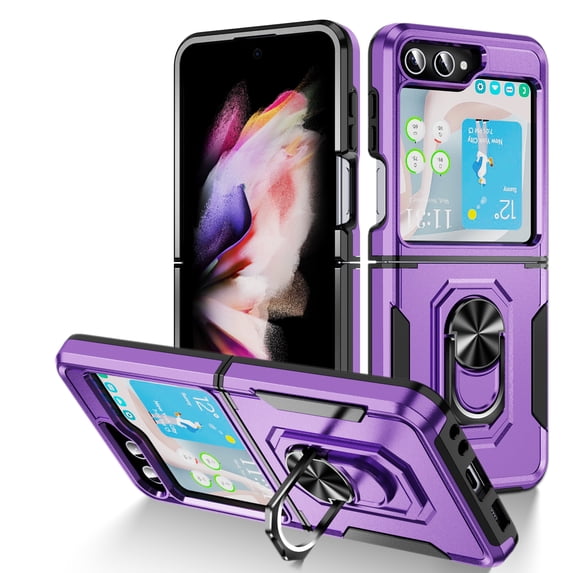 Nalacover Heavy Duty Case for Samsung Galaxy Z Flip5 with Rotated Ring Holder Kickstand Bracket, Military Grade Rugged Cover with Magnetic Car Mount TPU Shockproof Lens Protective Case, Purple/Black