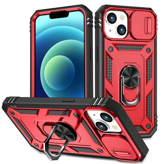 Nalacover Heavy Duty Case for iPhone 15 with Camera Lens Sliding Cover, Triple Layers Ring Kickstand Hybrid Rugged PC + TPU Shockproof Case with Magnetic Car Mount Holder, Red/Black