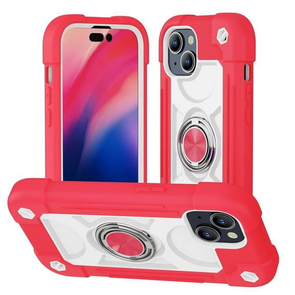 Nalacover Heavy Duty Case for iPhone 15 Plus, Military Grade Ring Holder Kickstand Rugged PC Soft TPU Shockproof Cover Magnetic Car Mount Triple Layers Colors Design Case, Rose
