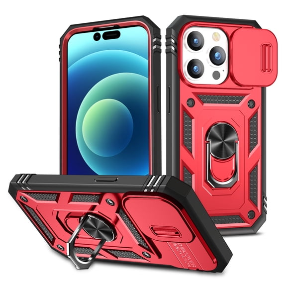 Nalacover Heavy Duty Case for iPhone 15 Pro with Camera Lens Sliding Cover, Triple Layers Ring Kickstand Hybrid Rugged PC + TPU Shockproof Case with Magnetic Car Mount Holder,Red/Black