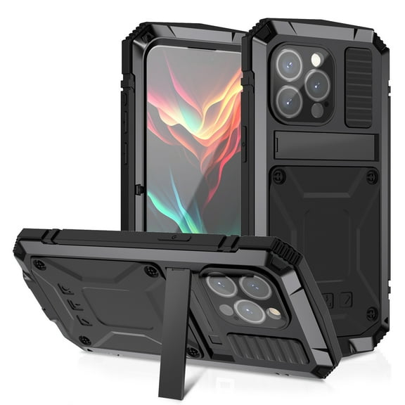 Nalacover Heavy Duty Case for iPhone 15 Pro Max with Hidden Kickstand & Tempered Glass Screen Protector, Hybrid Rugged PC Soft Silicone Metal Frame Shockproof Protective Case, Black