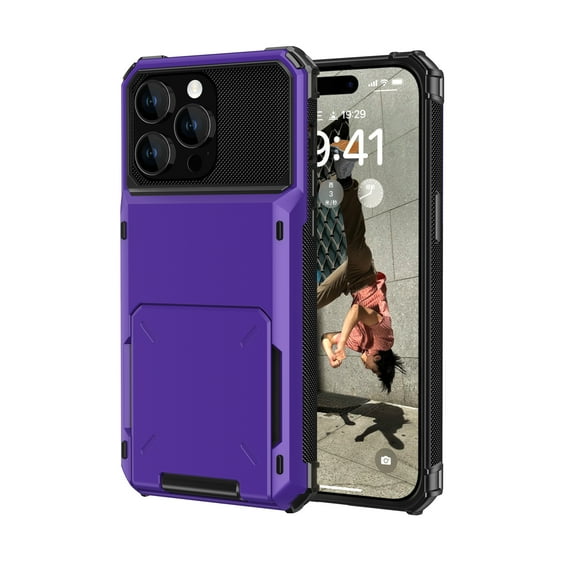 Nalacover Hidden Card Slot Wallet Case for iPhone 15 Pro, Heavy Duty Dual Layers Rugged PC + TPU Hybrid Military Grade Shockproof Lens Protection Cover for iPhone 15 Pro, Purple