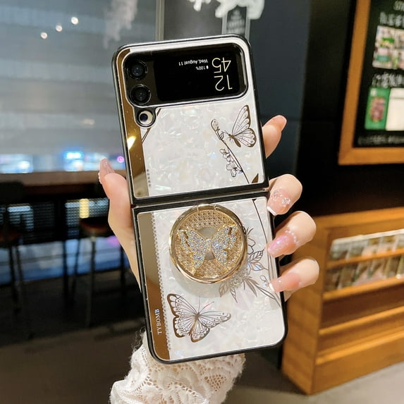 Nalacover Kickstand Case Compatible with Galaxy Z Flip 4 Bling Case Girls Women Back Mirror Sparkle Glitter Diamond 3D Butterfly Design Soft TPU Bumper for Samsung Galaxy Z Flip 4, White