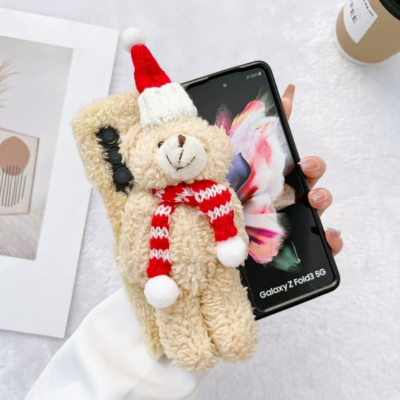 Nalacover Lovely Slim Case for Samsung Galaxy Z Fold 4,Stylish Cute Cartoon Plush Christmas Xmas Bear Design Hybrid TPU Shockproof Fluffy Winter Warm Furry Gift Back Cover for Men Women.Beige