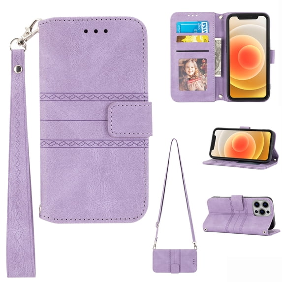 Nalacover Luxury Wallet Case for iPhone 14 Pro Max, PU Leather Detachable Shoulder Strap Lanyard Crossbody+Wrist Strap Handbag Flip Cover with Card Slots Magnetic Kickstand Shockproof Case,Lightpurple
