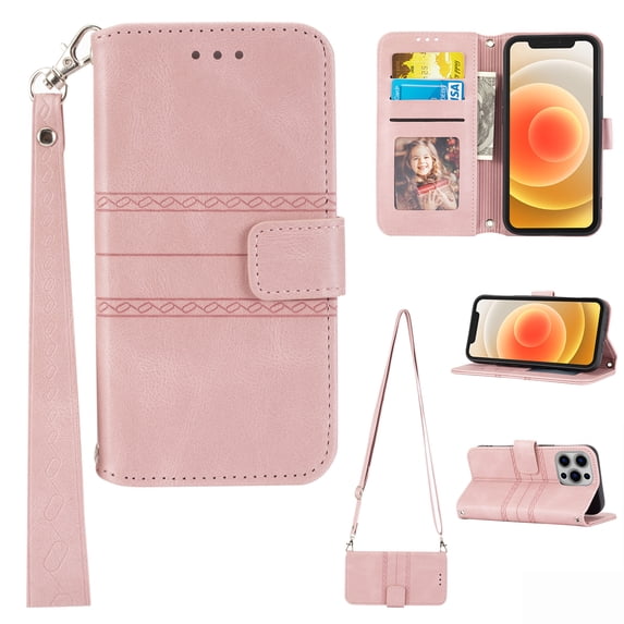 Nalacover Luxury Wallet Case for iPhone 14 Pro Max, PU Leather Detachable Shoulder Strap Lanyard Crossbody+Wrist Strap Handbag Flip Cover with Card Slots Magnetic Kickstand Shockproof Case,Pink