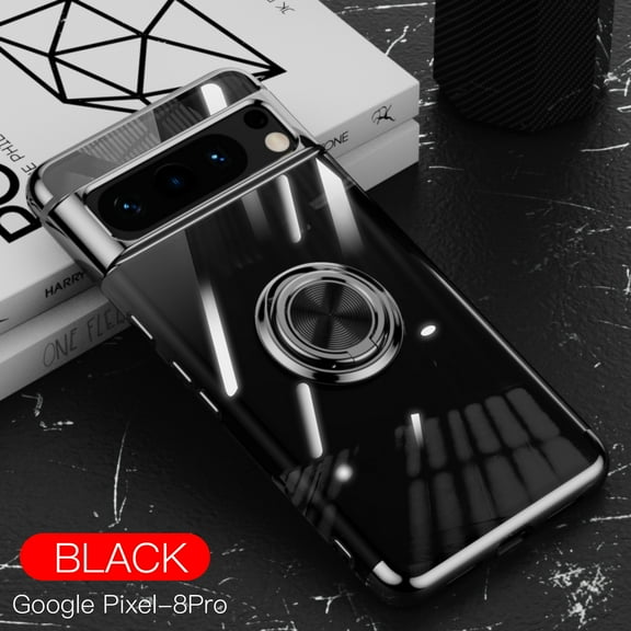 Nalacover Magnetic Case for Google Pixel 8 Pro, Electroplated Frame Clear Rotate Ring Holder Kickstand Slim Thin Fit Cover Support Car Mount All-Inclusive Lens Protection Anti-Yellowing Case,Black