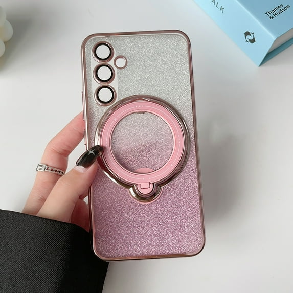 Nalacover Magnetic Case for Samsung Galaxy A24 4G, Sparkle Bling Rotated Ring Holder Stand Phone Case, Compatible with MagSafe & Car Mount, TPU Shockproof Non-Slip Cover - Pink