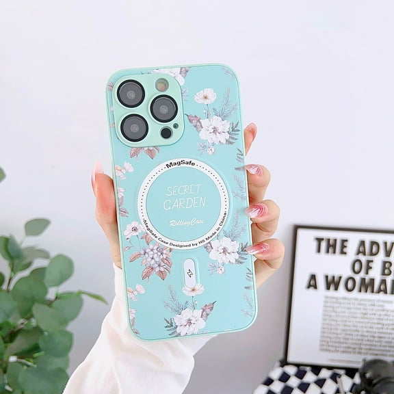 Nalacover Magnetic Case for iPhone 12 Floral Print Phone Case Slim Anti Scratch, Shock Absorbing [Drop Protection] [Compatible with MagSafe] For Women/Girls For iPhone 12, green