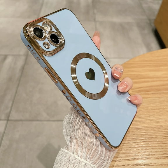 Nalacover Magnetic Case for iPhone 12 Pro Max, Electroplated Frame Cute Heart Love Pattern TPU Shockproof Cover Compatible with MagSafe Wireless Charging Lens Protection Slim Fit Case, Blue