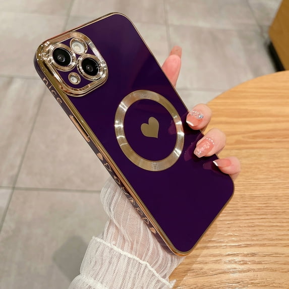 Nalacover Magnetic Case for iPhone 13 Pro Max, Electroplated Frame Cute Heart Love Pattern TPU Shockproof Cover Compatible with MagSafe Wireless Charging Lens Protection Slim Fit Case, Purple