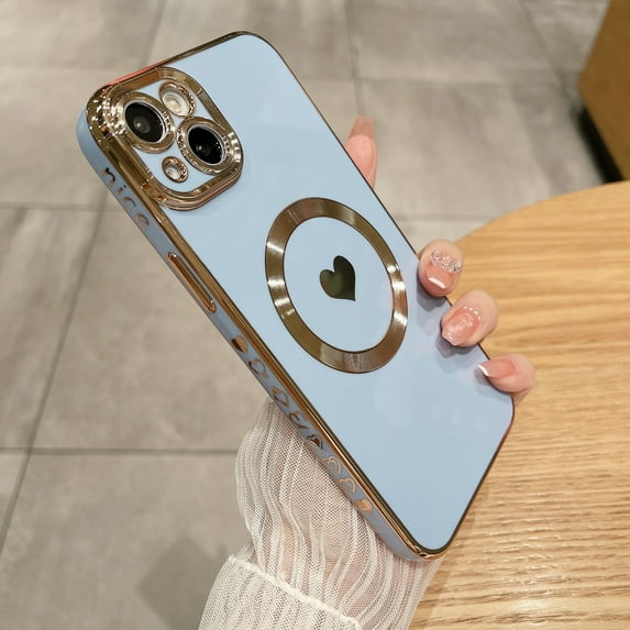 Nalacover Magnetic Case for iPhone 13 Pro Max, Electroplated Frame Cute Heart Love Pattern TPU Shockproof Cover Compatible with MagSafe Wireless Charging Lens Protection Slim Fit Case, Blue