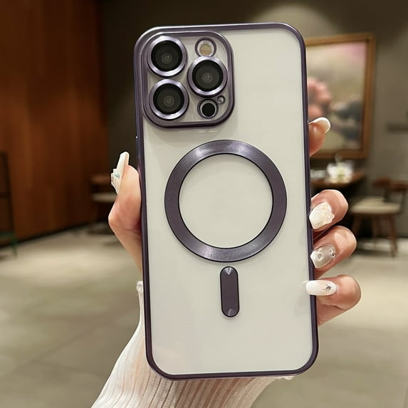 Nalacover Magnetic Case for iPhone 14, Plating Soft TPU Clear Phone Case with Lens Protective Film, MagSafe Compatible Wireless Charging Shockproof Non-Yellowing Phone Cover - Darkpurple