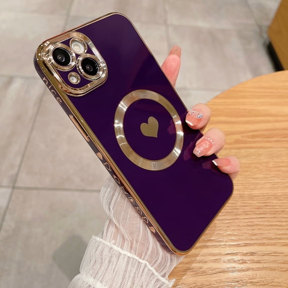 Nalacover Magnetic Case for iPhone 14 Plus, Electroplated Frame Cute Heart Love Pattern Soft TPU Shockproof Cover Compatible with MagSafe Wireless Charging Lens Protection Slim Fit Case,Purple
