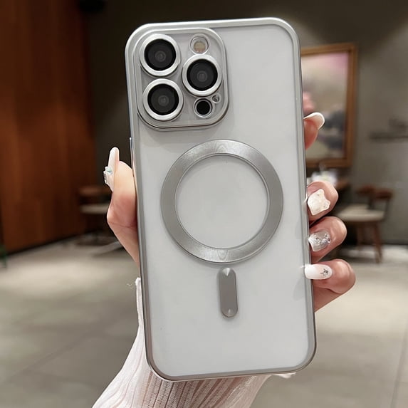 Nalacover Magnetic Case for iPhone 14 Plus, Plating Soft TPU Clear Phone Case with Lens Protective Film, MagSafe Compatible Wireless Charging Shockproof Non-Yellowing Phone Cover - Silver