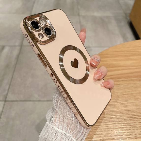 Nalacover Magnetic Case for iPhone 14 Pro Max, Electroplated Frame Cute Heart Love Pattern Soft TPU Shockproof Cover Compatible with MagSafe Wireless Charging Lens Protection Slim Fit Case,Pink