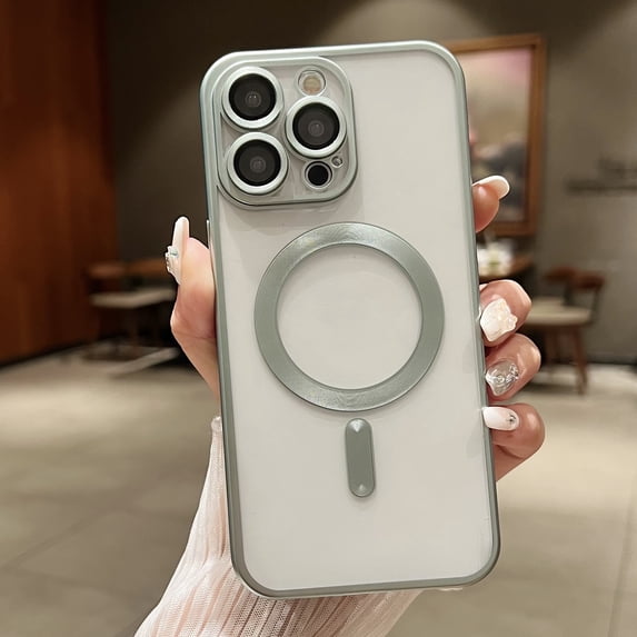 Nalacover Magnetic Case for iPhone 14 Pro Max, Plating Soft TPU Clear Phone Case with Lens Protective Film, MagSafe Compatible Wireless Charging Shockproof Non-Yellowing Phone Cover - Silver
