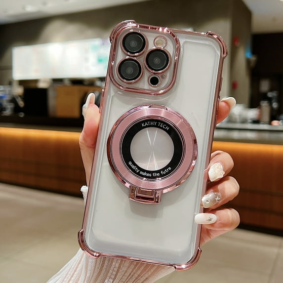 Nalacover Magnetic Case for iPhone 14 Pro Max, Ring Kickstand Phone Case with Lens Protector, Compatible with MagSafe, Clear Shockproof Non-Yellowing Protection Cover for iPhone 14 Pro Max - Pink