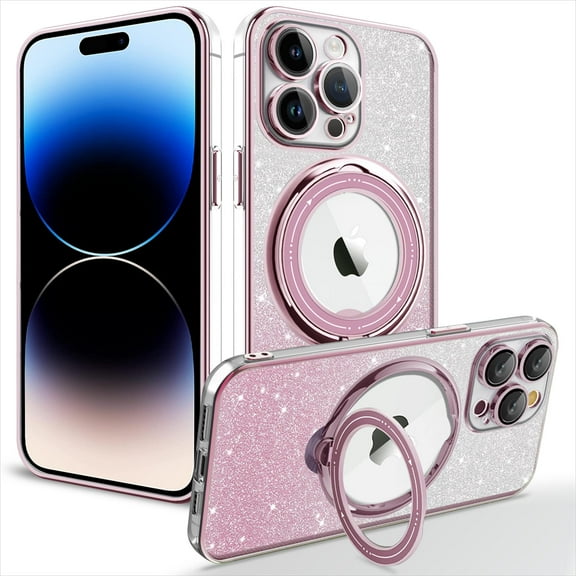 Nalacover Magnetic Case for iPhone 15 6.1", Sparkle Bling Rotated Ring Holder Stand Phone Case for iPhone 15, Compatible with MagSafe & Car Mount, TPU Shockproof Non-Slip Cover - Pink