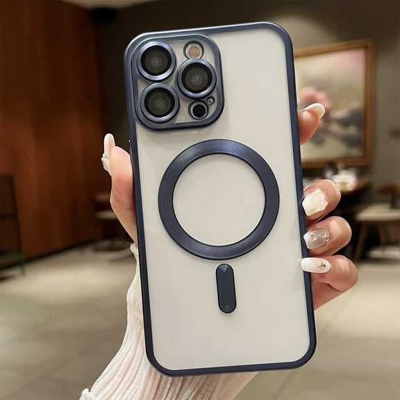 Nalacover Magnetic Case for iPhone 15 Plus, Plating Soft TPU Clear Phone Case with Lens Protective Film, MagSafe Compatible Wireless Charging Shockproof Non-Yellowing Phone Cover - Darkblue