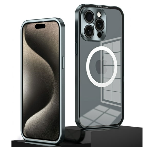 Nalacover Magnetic Case for iPhone 15 Pro Max, Transparent Aluminum Alloy Frame Shockproof Non-Yellowing Hard Protection Phone Case Compatible with MagSafe for iPhone 15 Pro Max, Grey
