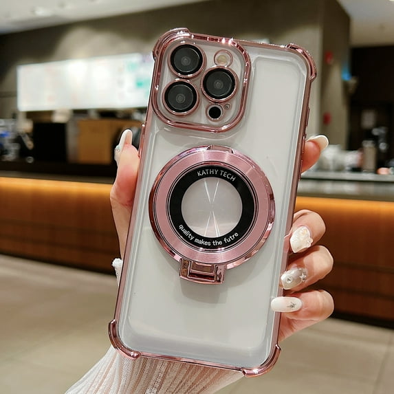 Nalacover Magnetic Case for iPhone 15 Pro, Ring Kickstand Phone Case with Lens Protector, Compatible with MagSafe, Clear Shockproof Non-Yellowing Protection Cover for iPhone 15 Pro - Pink