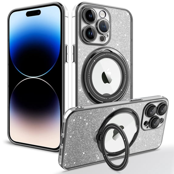 Nalacover Magnetic Case for iPhone 15 Pro, Sparkle Bling Rotated Ring Holder Stand Phone Case for iPhone 15 Pro, Compatible with MagSafe & Car Mount, TPU Shockproof Non-Slip Cover - Black