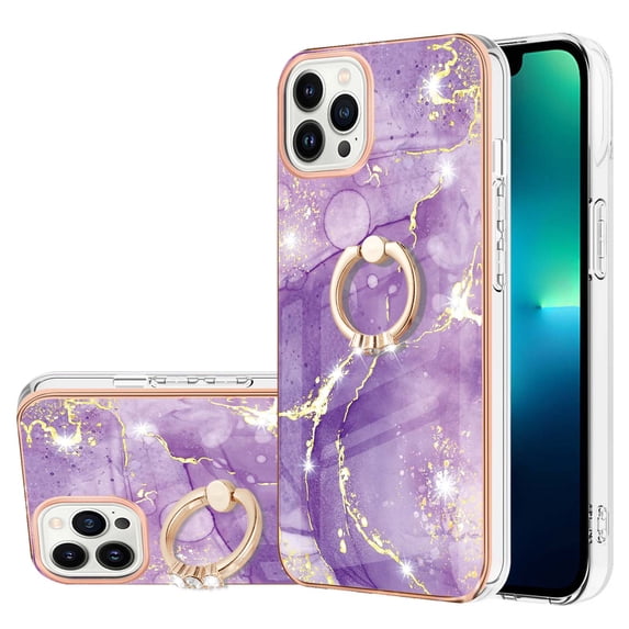 Nalacover Marble Pattern Case for iPhone 14 Pro Max, Diamond Rotated Ring Holder Kickstand Slim Fit Cover with Electroplated Frame All-Inclusive Lens Protection Anti-Shock Case, Purple Marble