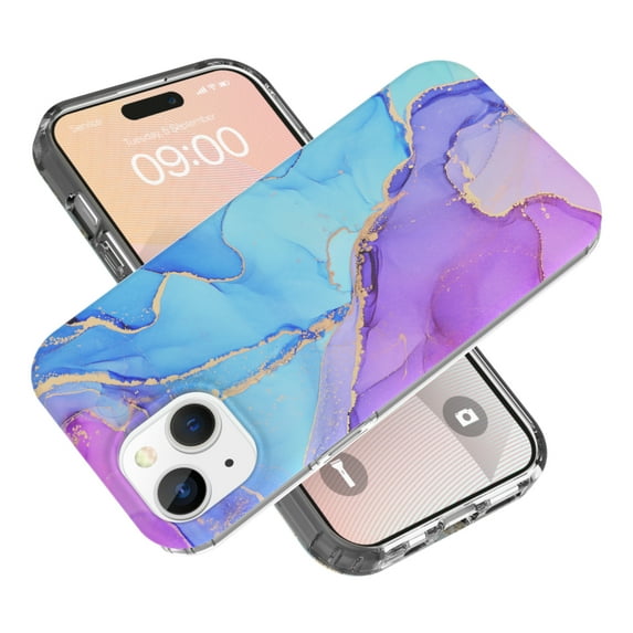 Nalacover Marble Pattern Phone Case for iPhone 15, Stylish Slim Lightweight Case, Hybrid Shockproof Anti-Scratches Non-Yellowing Protection Case - Blue Marble