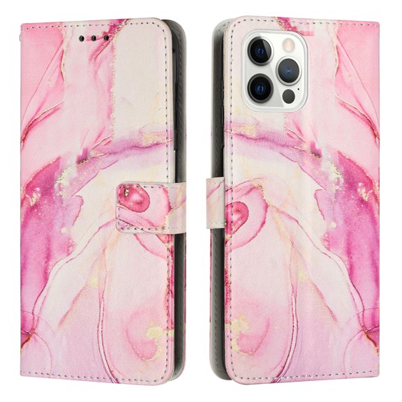 Nalacover Marble Pattern Wallet Case for iPhone 15 Pro Max with Credit Card Slots Holder Kickstand Cover, Soft Silicone Shokcproof Premium PU Leather Magnetic Clasp Flip Case, Rosegold
