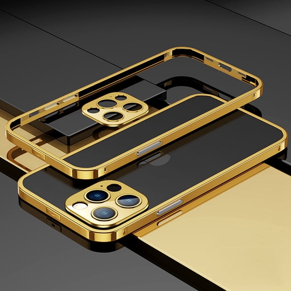 Nalacover Metal Frame Bumper Case for iPhone 14 Pro, Armor Soft Sponge Inner Shockproof Anti-Drop Stainless Steel Bumper Frame with Metal Lens Protection Buckle Design (No Back Panel), Gold