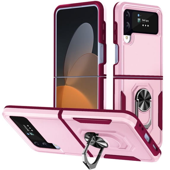 Nalacover Military Grade Heavy Duty Case for Samsung Galaxy Z Flip 4, Rugged Rotated Ring Holder Kickstand Bracket Cover with Magnetic Car Mount Soft TPU Shockproof Lens Protective Case,Pink/Rose
