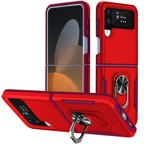Nalacover Military Grade Heavy Duty Case for Samsung Galaxy Z Flip 4, Rugged Rotated Ring Holder Kickstand Bracket Cover with Magnetic Car Mount Soft TPU Shockproof Lens Protective Case,Red/Rose