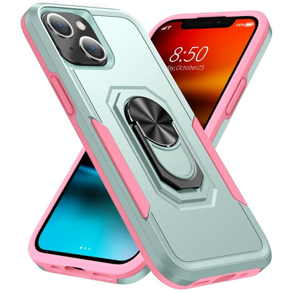Nalacover Military Grade Heavy Duty Case for iPhone 14, Rugged Rotated Ring Holder Kickstand Bracket Cover with Magnetic Car Mount Soft TPU Shockproof Lens Protective Case, Green+Pink